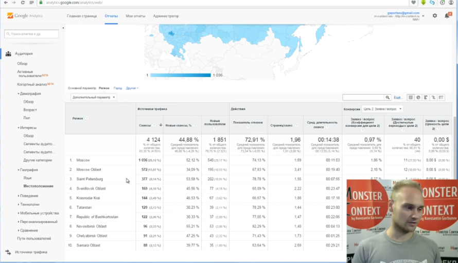 Как смотреть и анализировать статистику Google Analytics -Основной параметр. - Регион